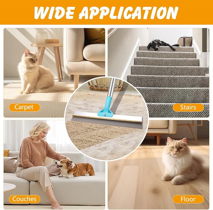 ondware 2-in-1 Carpet Rake for Pet Hair, 54" Adjustable Handle | Copper and rubber dual-head; reusable pet hair remover for rugs, couches, pet beds and most fabrics