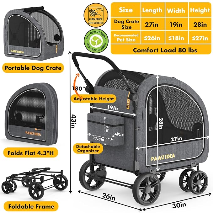 PAWZIDEA 3-in-1 Large Dog Stroller with Detachable Carrier, 45% Extra Tall | Dog Crate Car Travel for 2 Medium Dogs Sit Upright, Foldable Jogger Pet Stroller All-Terrain Up to 100lbs, Storage Organizer