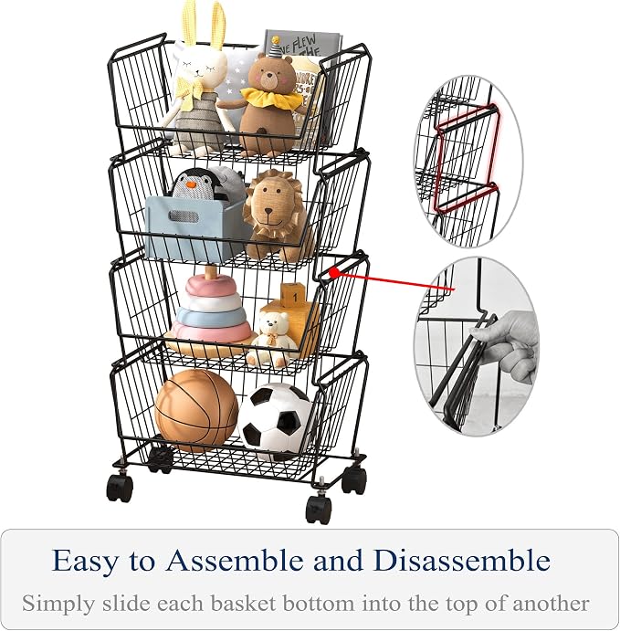 PUSDON 4-Tier Large Stackable Wire Storage Baskets with Wheels, Metal Rolling Utility Cart Organizer, Produce Basket for Kitchen Pantry, Floor Shelf, Matte Black