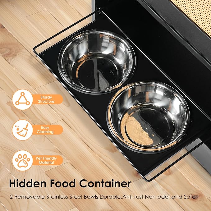 Pet Feeding Station Cabinet with Elevated Stainless Steel Bowls, Hidden Pull Out Feeder Drawer, Storage Organizer, Side Hooks, Anti Tip Kit, Waterproof Top for Dogs Cats Supplies Home