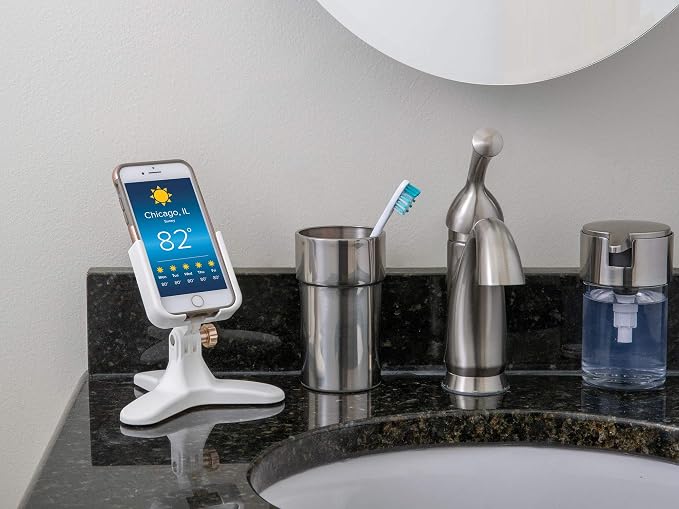 WeatherTech DeskFone in White - Adjustable, Universal Cell Phone Holder Mount Stand for Desk, Counter, Table - Tripod Design for iPhone & Smartphone Charging - Gold Metal Knobs