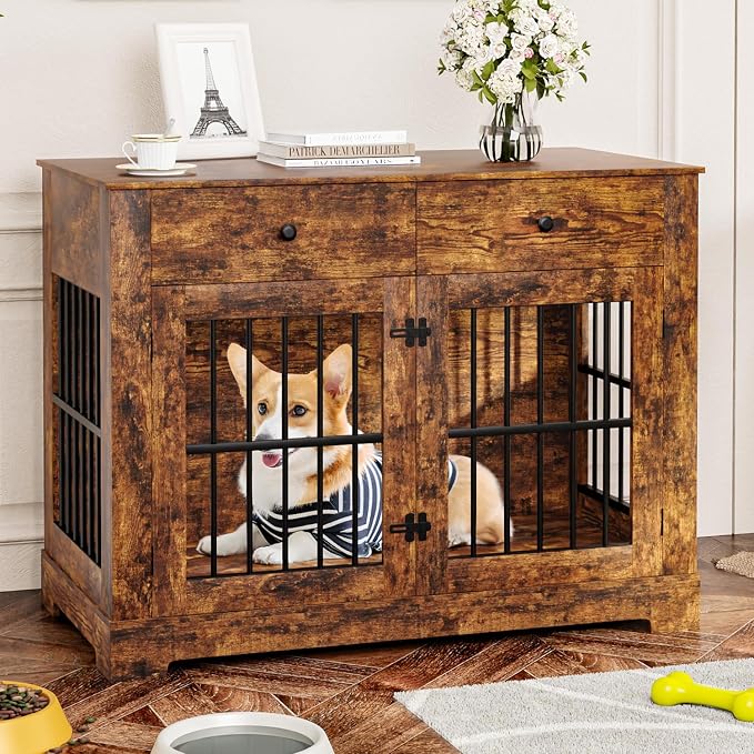 44.5'' Dog Crate Furniture with Storage Dog Kennel w/2 Drawers, Heavy-Duty Wooden Dog House Indoor End Table Tv Stand with Charging Station Pet Cage for Small/Medium Dogs(Brown)