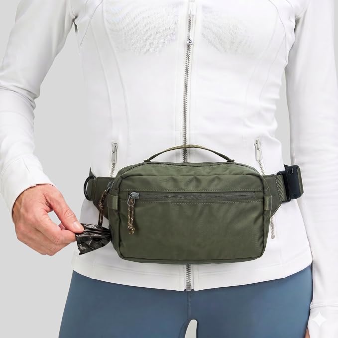 Crossbody Dog Walking Bag, Treat Pouch & Poop Bag Holder, Olive Green | Crossbody dog walking bag, hands-free. PEVA-lined treat pouch, poop bag holder, leash hook. Water-resistant, 4-50 in. strap