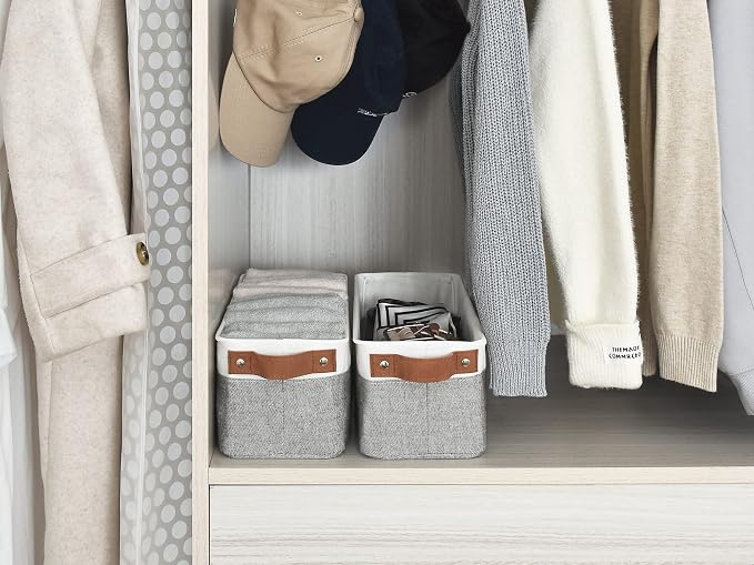 StorageWorks Narrow Storage Bins, Small Baskets, Grey and White, 2-Pack | With Metal Frame, Sturdy Structure, PU Handles, Toilet Paper Storage, Long Storage Bins for Bathroom, Closet, Shelf