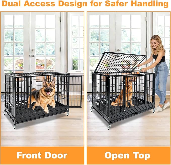 Homey Pet 47 Inch Heavy Duty Indestructible Dog Crate, Stackable Escape Proof Dog Cage Kennel Indoor with Two Trays, Metal Grids, Wheels, Double Doors for High Anxiety Large Dogs(2 Tiers)