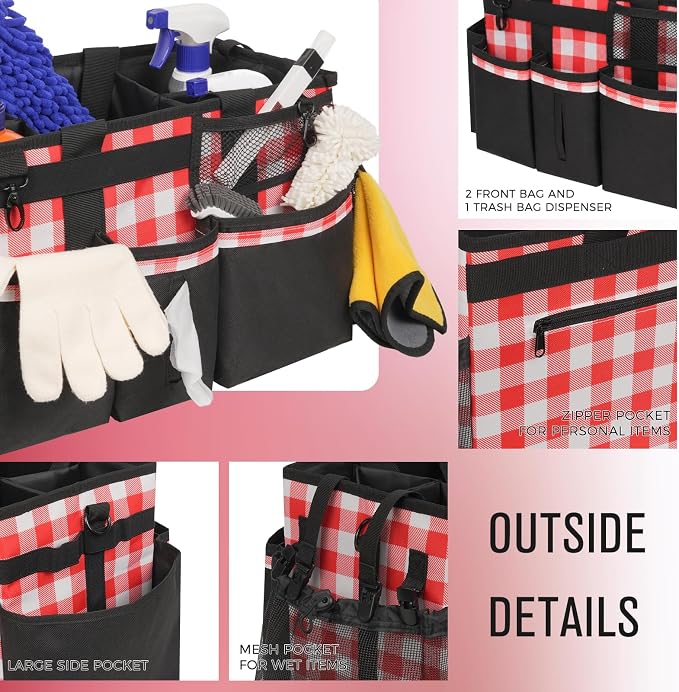 SCAVATA Wearable Cleaning Caddy, Cleaning Caddy Supplies Organizer with Handle & Shoulder Straps for Housekeepers, Under Sink & Car Cleaning Tool Organizers Bag with 4 Foldable Divider (RedPlaid)
