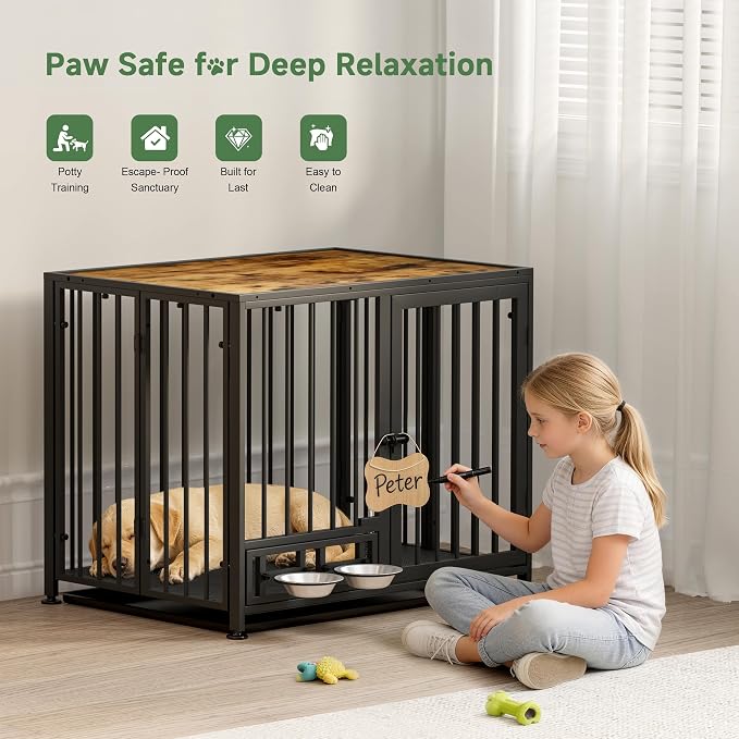 Heavy Duty Dog Crate for Medium Dogs, 3 in 1 37.8" Foldable Collapsible Dog Kennel & Playpen with Wheels & Feeding Bowls, Escape-Proof Metal Dog Cage for Indoor Outdoor Use, Rustic Brown