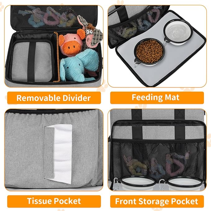TORIBIO Large Dog Travel Bag for Supplies with Food Bowl | With 2 Food Container and Collapsible Bowls, Mat & Divider, Water-resistant, Pet Travel Kit for Weekend, Road Trips, Camping