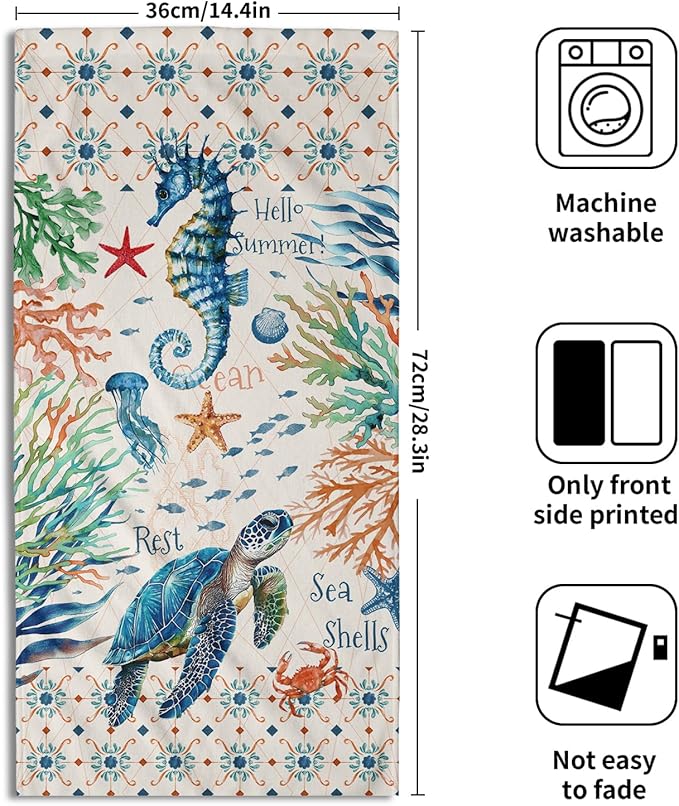 Giwawa Nautical Coastal Hand Towels Set of 2 Sea Turtle Seahorse Decorative Kitchen Dish Towels Soft Fingertip Towels for Bathroom Gym Spa Gifts