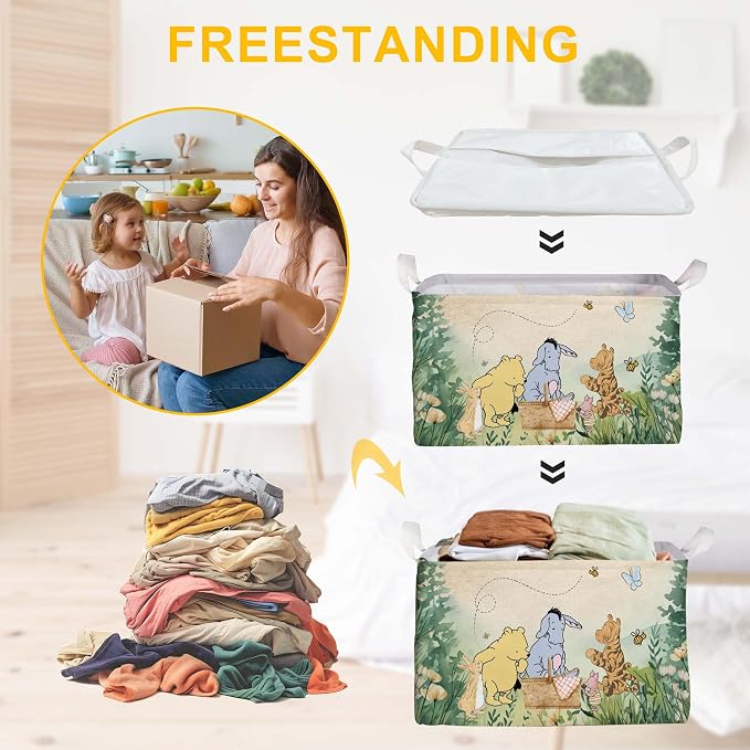 Winnie Nursery Decor, the Pooh Baby Stuff, Winnie Storage Nursery Basket, Large squarecanvas Laundry Hamper With A Waterproof PECoating, Foldable, Toys Bin, Baby Nursery HamperDecor, Classic