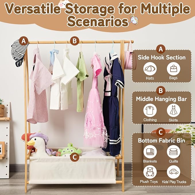Bamboo Kids Clothing Rack with Storage Box - Foldable,Kids Dress Up Rack with Hooks & Rod, Organize Dress Up Storage & School Uniforms, Perfect for 4-13 Year Olds