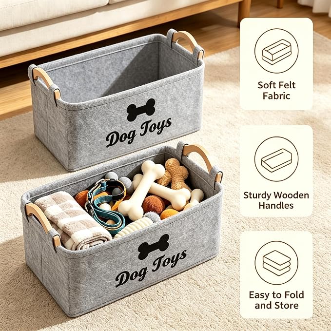 Dog Toy Storage Basket, Felt Pet Toy Organizer with Wooden Handles, Collapsible Pet Supplies Storage Bin for Dog Cat Toys, Treats, Accessories, Home Office Closet Organizer (LightGray-2)
