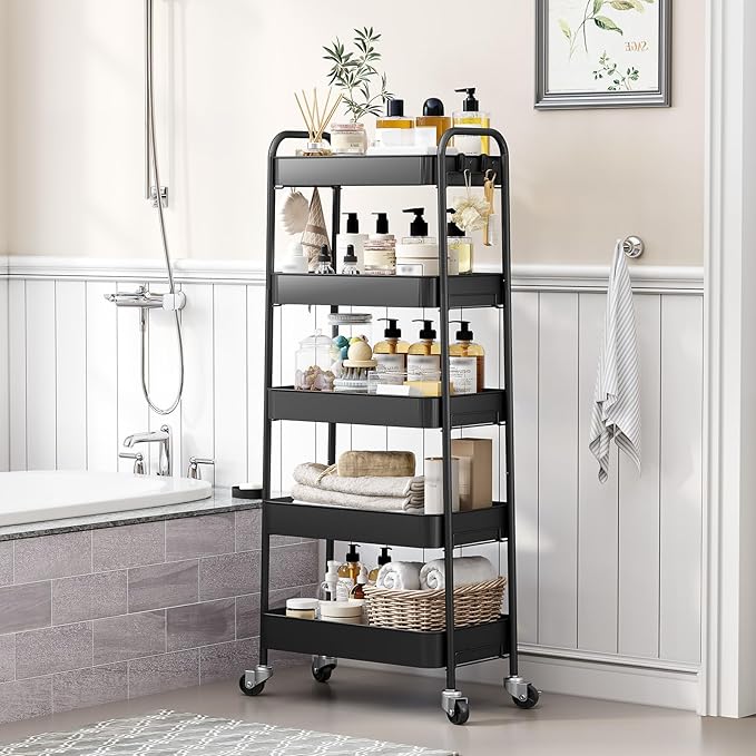 TOOLF 5-Tier Metal Rolling Cart with Wheels, Storage Utility Organizer Cart for Kitchen, Bathroom, Office, Baby Essentials & Makeup - Lockable Casters, Easy Assembly, Large Capacity, Black