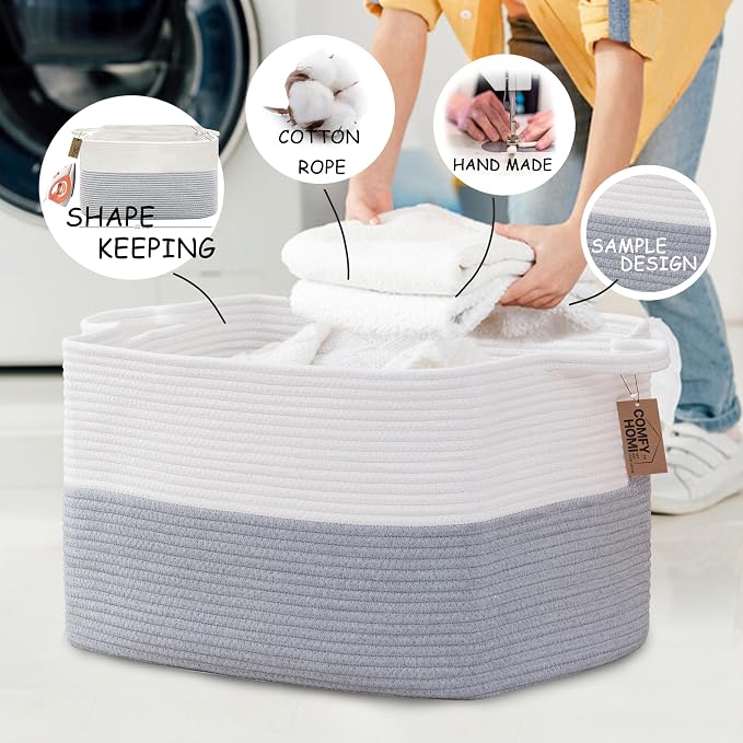 COMFY-HOMI Large Rectangular Blanket, Cotton Rope Woven for Storage, LaundryHamper, Storage,Toy Organizing Bin with Handle, Organizer and Storage-22x15x12-