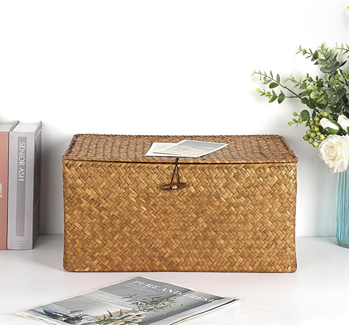Hipiwe Wicker Shelf Baskets Bin with Lid Handwoven Storage Basket, X-Large | Rectangular Basekts Bins Natural Seagrass Household Basket Boxes for Shelf Wardrobe Home Organizer, Caramel