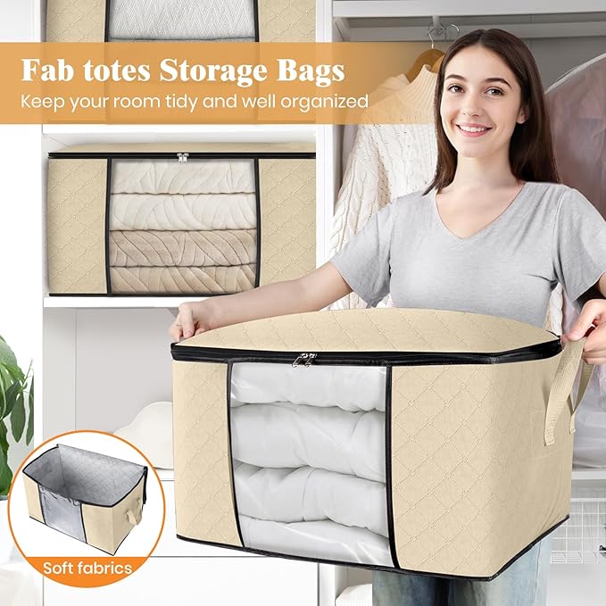 3 Pack Storage Bags for Clothes Blanket Storage Bins with Lids | Foldable Closet Organizers with Zippers,Window and Handles,Fabric Storage Bins for Sweater,Comforter,Bedding,Dorm essentials