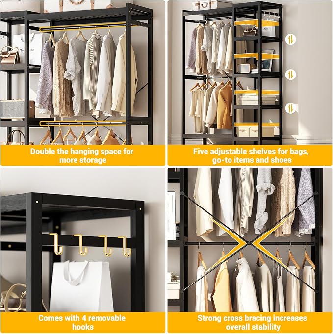 Bamboo Closet System Set of 2, 41.4” Wide Clothing Rack, Dark Black | Freestanding Clothes Rack with 14 Adjustable Shelves, 4 Rods, 8 Hooks, Open Wardrobe Organizer, Wood Garment Rack for Bedroom