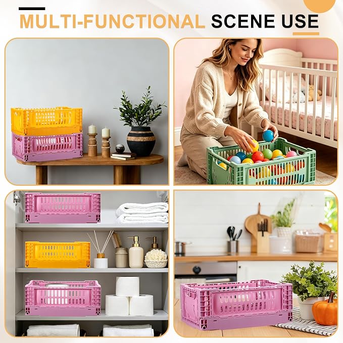 uxcell Collapsible Crates, 11.7x7.8x4.7 Stackable Plastic Storage Baskets with Handle Small Storage Containers for Bedroom Office Classroom Bathroom Desktop Organizer Decor, Olive Green