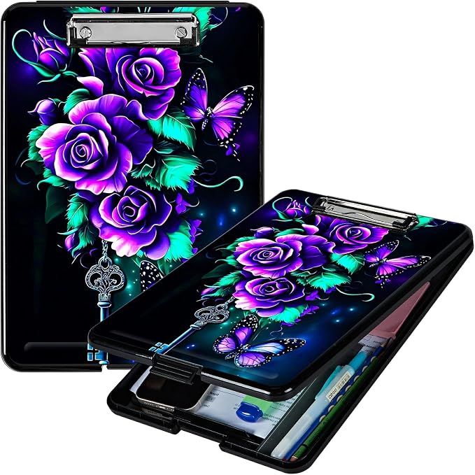 Purple Roses 02 A4 Clipboard with Storage Pen Holder, Clipboards Organizer Nursing Clipboard Foldable File Folder Plastic Clipboard Folio Clip Board for Office Students Classroom Doctor