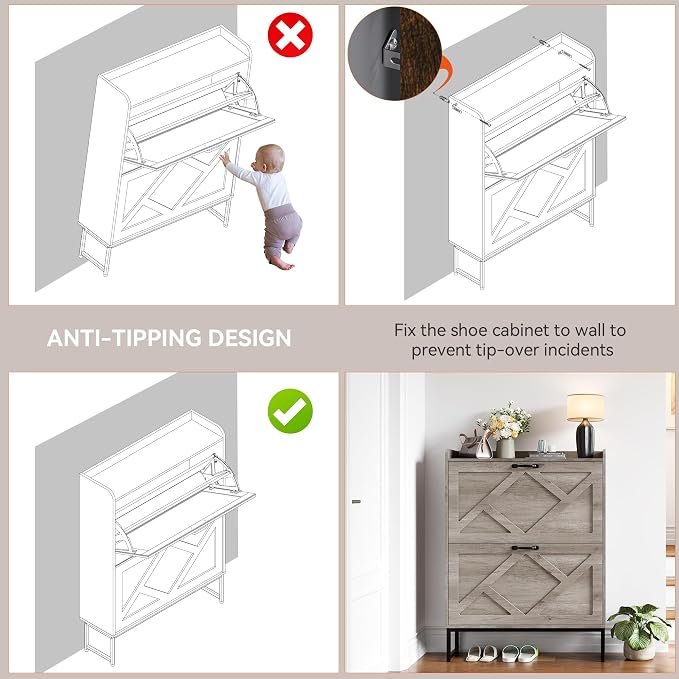 Shoe Storage Cabinet with 2 Flip Drawers, Entryway Organizer, Gray | Slim Shoe Cabinet with Metal Legs, Narrow Farmhouse Shoe Organizer for Entryway, Foyer, Hallway, Wood Shoe Rack with Hook