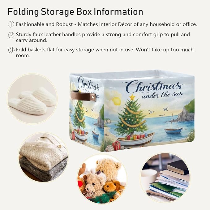 Christmas Beach Time Storage Basket with Waterproof Liner and PU Handles Xmas Tree Summer Theme Storage Bins Boxes 14.2" Collapsible Decorative Organizer Baskets for Bedroom Closet Office 1 Pack