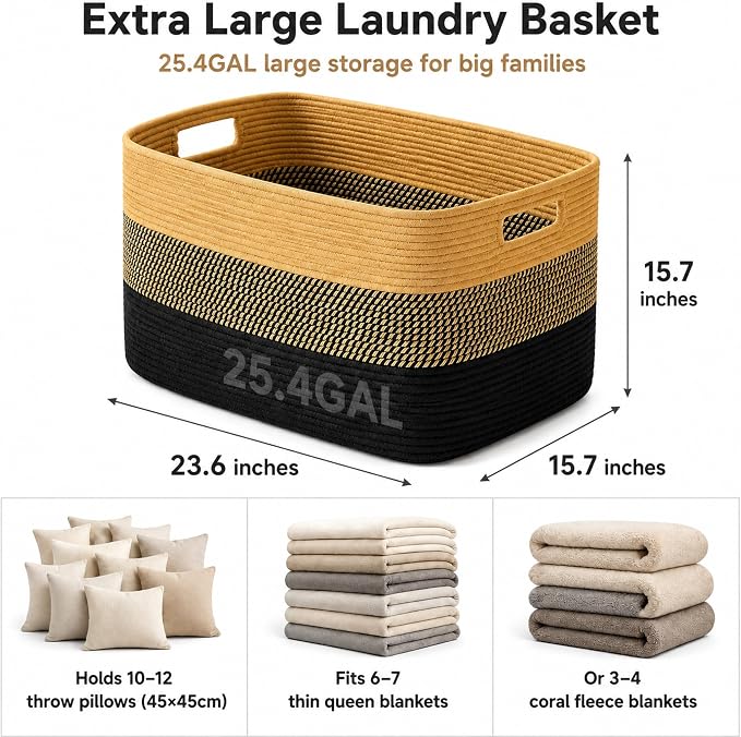 25.4GAL Collapsible Cotton Rope Extra Large Storage Basket For Bedroom Closet, Boho Rectangular Big Short Hamper Woven Storage Baskets for Living Room Throw Pillows Blankets Dirty Clothes,Khaki Black
