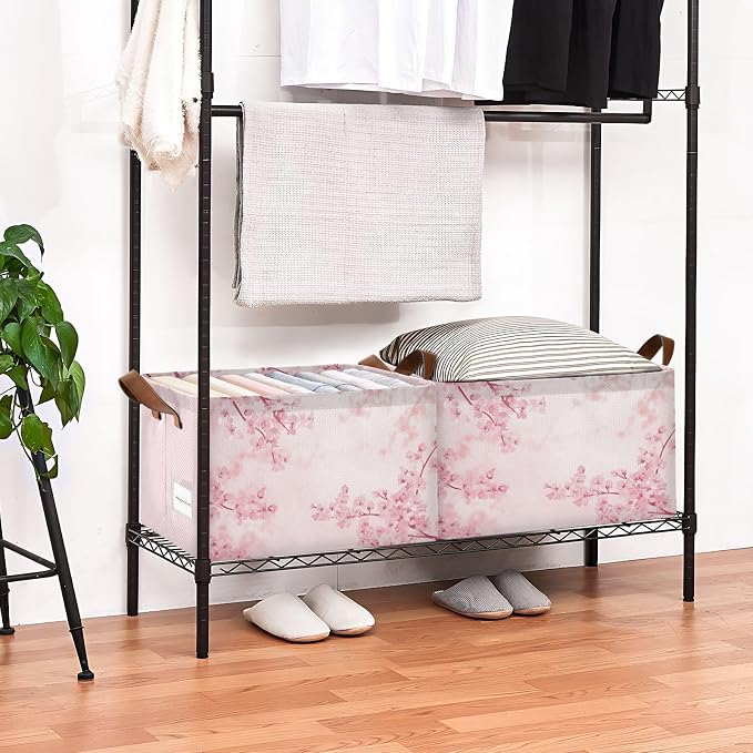 Pink Cherry Blossom Storage Bins for Shelves with Labels&Handles Fabric Organizer Bin Foldable Rectangle Storage Basket Japanese Flower Boxes for Closet, Bathroom, Home, Living Room, Laundry, 2 Pack
