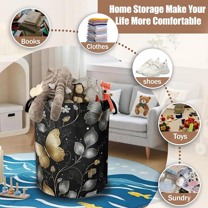 Golden and White Butterflies Laundry Basket,Laundry Hamper Waterproof Oxford Cloth Tote Bag,Clothes Storage Bucket Decorative Toy Organizer for Bathroom Bedroom 16" x 20.8"