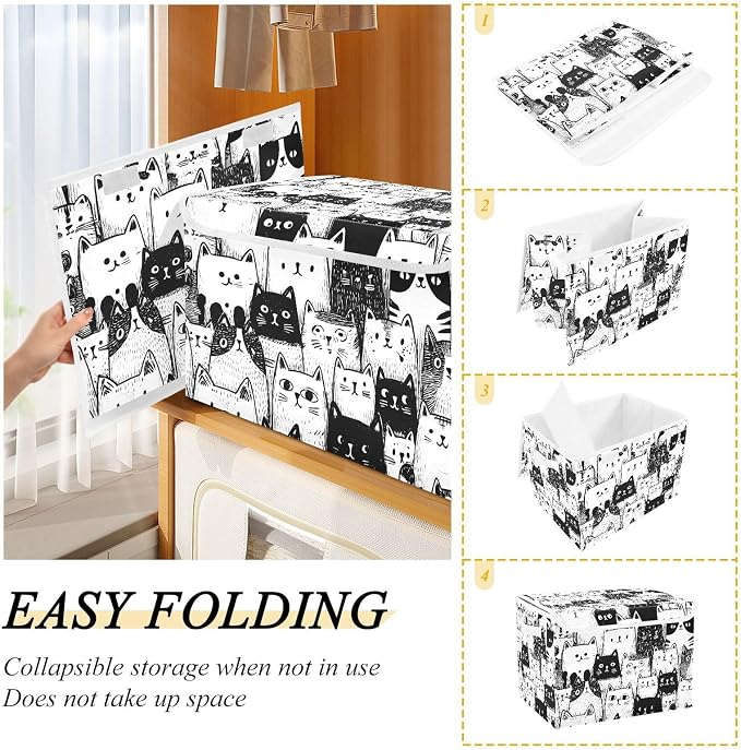 Cute Cat Pattern Storage Bins with Lids Closet Bedroom 40L Storage Basket | Decorative Storage Boxes, Foldable & Stackable, Dust-Proof Flip Top, Reinforced Handles, For Home & Dorm, Clothes & Toy Box