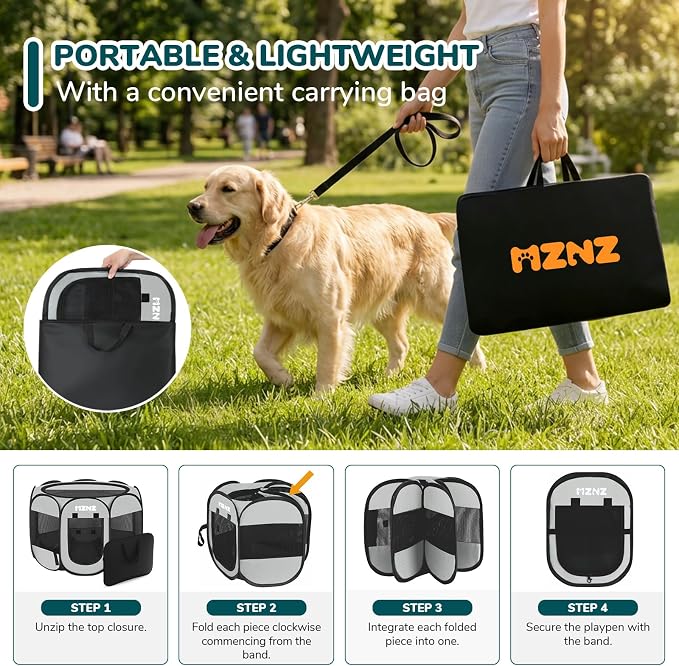 Dog Cat Small Animal Puppy Playpen Crate, Large, Whole Grey | Portable Pop Up Pet Cage Enclosure Tent Kennel Indoor Outdoor with Carrying Case, No Assembly, Camping Use