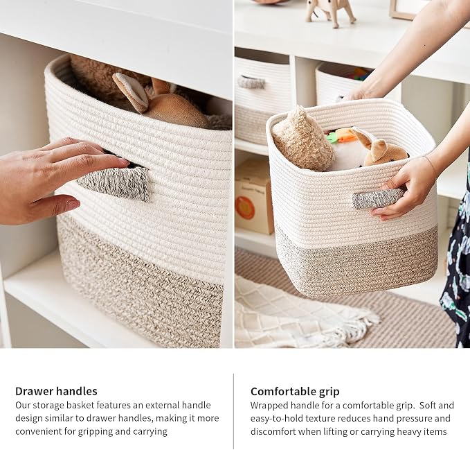R RUNKA Storage Cube Baskets 3-Pack - 11 inch Square Baskets, Closet & Shelves Organizers - Woven & Drawer Storage - Ideal for Toys | White & Beige