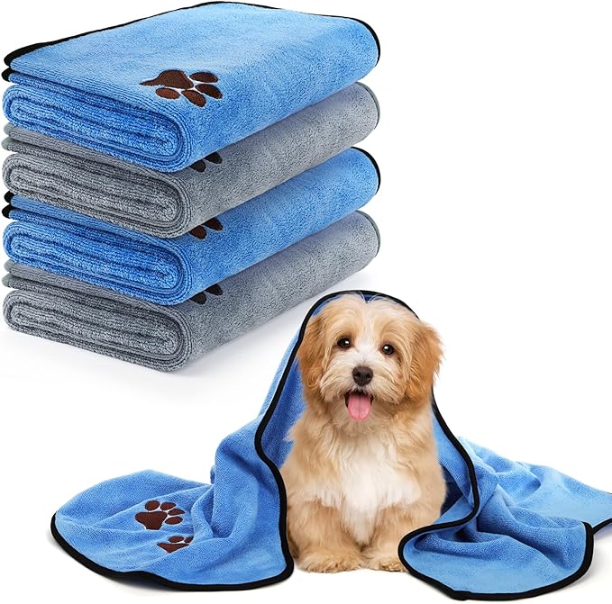 Fasmov 4 Pack Microfiber Dog Towels, 40"x 20" Large Pet Bath Towel, Microfiber Absorbent Towel Pet Bathing Supplies Quick Drying Paw Towel for Large, Medium or Small Dogs Cats Shower (Grey, Blue)