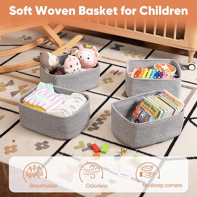 OIAHOMY 4 Pack 14.17 * 11.02 * 6.3IN Storage Baskets for Organizing Shelves, Woven Rope Baskets for Organizing Books, Clothes, Decorative Basket for Living Room, Nursery, Bedroom, Gift Basket, White