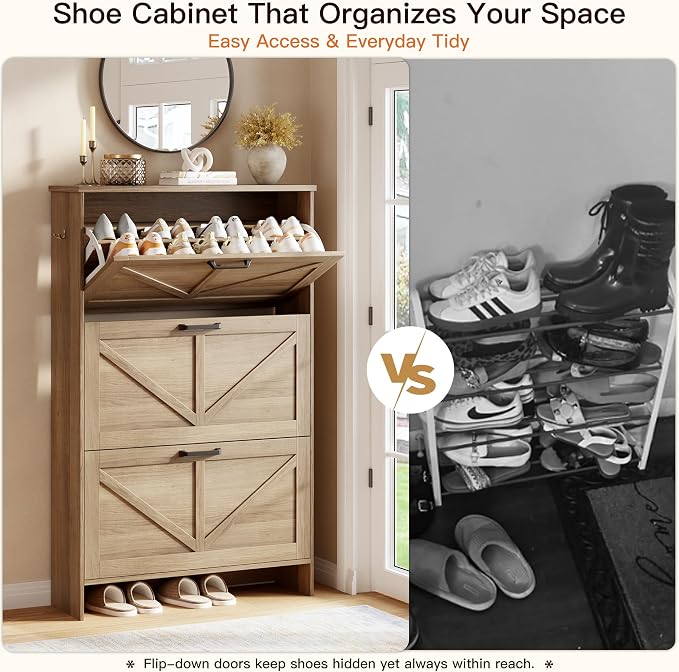 Shoe Cabinet for Entryway, 3 Flip Drawers Shoe Storage Cabinet with 3-Tier Adjustable Shelves, Ultra Slim Freestanding Hidden Shoe Organizer with Barn Door Design, Caramel Brown
