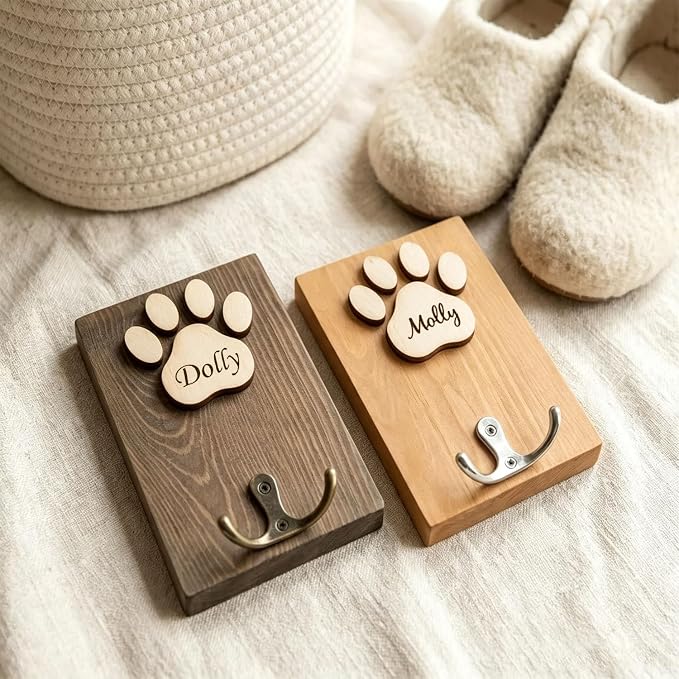 Personalised Wooden Dog Lead Hanger Handmade Wood Hook Gift For Pet Lovers | Wooden Dog Leash Holder Size 14x9cm, Functional Dog Lead Hook with Unique Wooden Paw Hook for Pet Leashes Custom