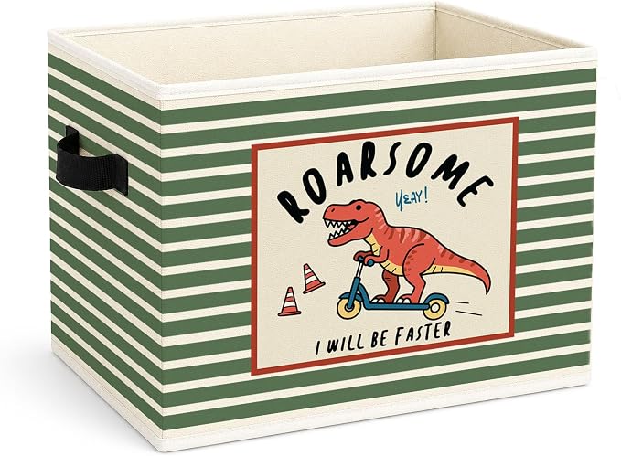 Dinosaur Storage Bin, Roarsome Green Stripe Foldable Fabric Basket | Foldable dinosaur fabric organizer for nursery, bedroom, playroom, toys, books, and clothes