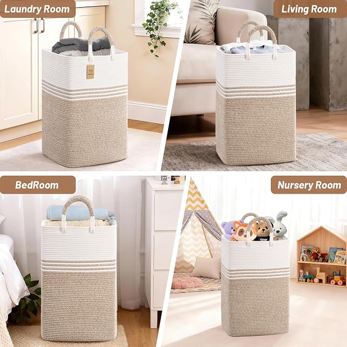 Laundry Basket Hamper,Blanket Storage,Dirty Clothes Hamper with Swivel Handles,Woven Cotton Rope Toy Baskets,Blanket Basket Living Room,Decorative Hampers for Nursery,Bedroom,White & Linen,100L