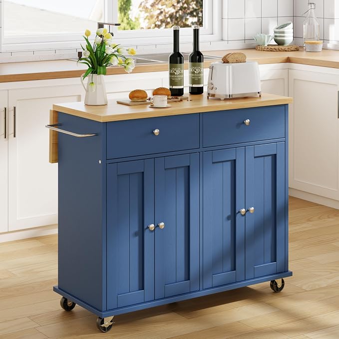 JY QAQA 39" Kitchen Island on Wheels with Storage Cabinet Kitchen Cart Cabinet with Shelves, Cart Handle for Towel Rack or Free Mobility, Portable Islands, Blue