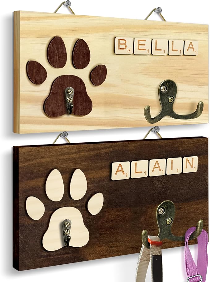 Personalized Dog Leash Holder Wall Mount, Pet Harness Hanger with Letter Tiles, Dog Collar Organizer for Entryway, Memorial Paw Leash Holder for Wall, Pet Loss Gift, Keepsake Home Decor