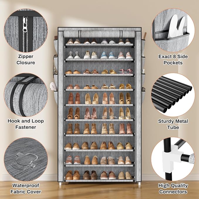 VTRIN Tall Shoe Rack with Cover, 10 Tier Shoe Organizer Storage for 50-55 Pairs Shoes and Boots Large Capacity Shoe Shelf with 8 Pockets Free Standing Shoe Rack for Closet, Entryway, Garage, Printing