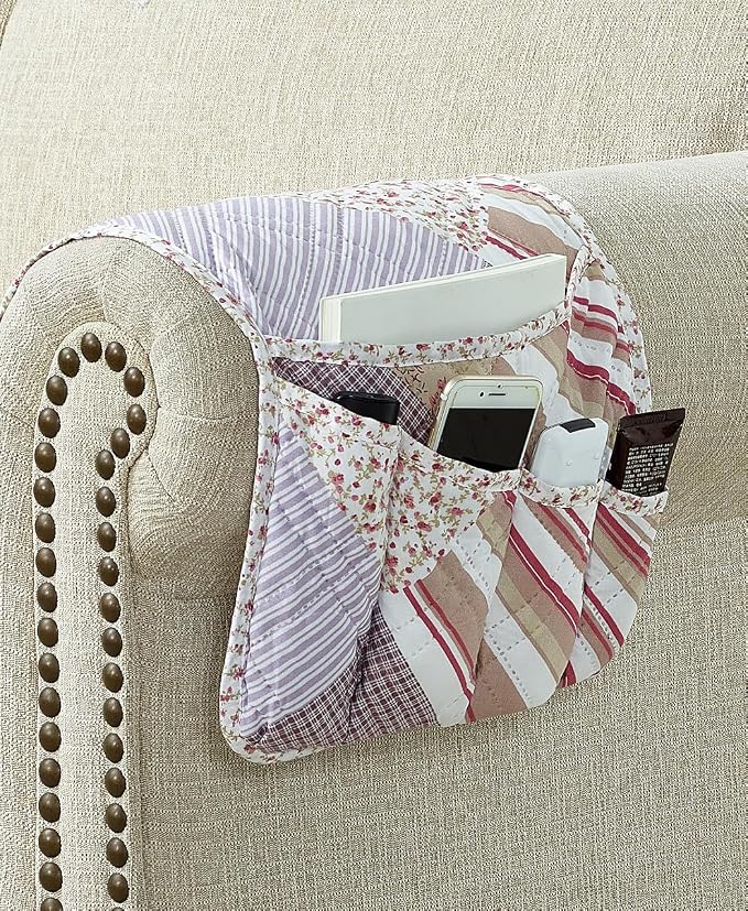 Brilliant Sunshine Pink Rosette & Stripe Couch Armrest Cover, 35"×13" | Washable Magazine Holder, Armrest Organizer & Caddy on Sofa, Recliner, Armchair, Storage for Remote Controls, Phone, iPad