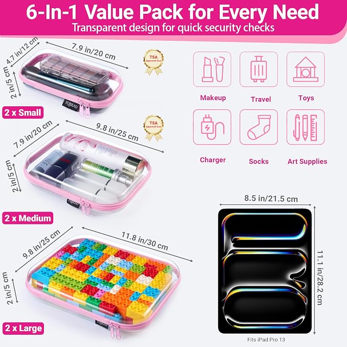 YQBRAO Clear Hard Shell Zipper Cases, 6 Multi-Size Organizers, Pink | Rigid clear shells in three practical sizes organize toiletries, cosmetics, cables, stationery and household essentials