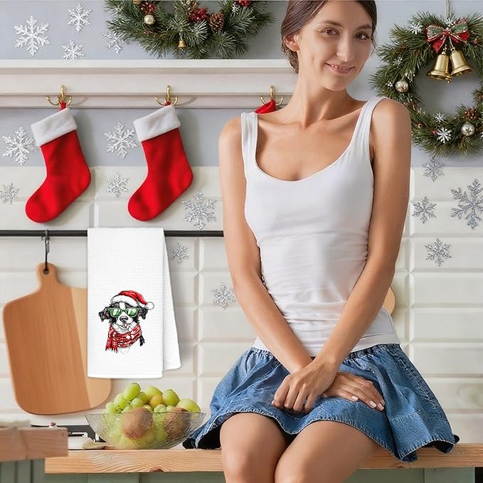 Christmas Border Collie Kitchen Towels, Border Collie Gifts for Women Dish Tea Towels for Kitchen Decor, Retro Xmas Santa Dog Decorative Hand Towel Bathroom Decor, 16x24 Inch