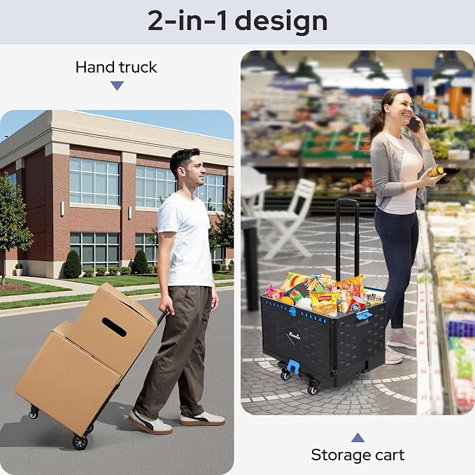 KEDSUM 2 in 1 Rolling Cart with Durable Removable Crate, 290 LBS/70L Capacity Collapsible Rolling Crate with Lid for School, Craft, Office & Garden, on 4 Rotate Wheels