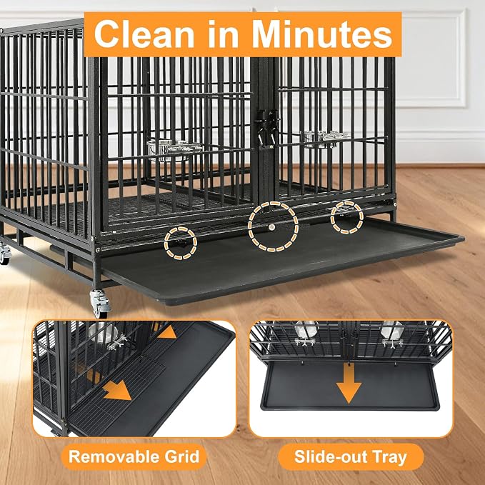 Homey Pet 43 inch Dog Crate Stackable Heavy Duty Dog Kennel Indoor, 2 Tiers | Dog Grooming Cage with Dual Front Doors, Auto Locks, Removable Grid & Tray, Wheels, Bowls, Ideal for Small and Medium Dogs
