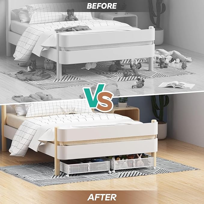 Under Bed Storage with Wheels,Patterned,Sturdy Metal,4 Pack,White | Tool-free assembly, glide smoothly, easy reach, foldable, maxmazie low-profile beds, dorm, keep seasonal clothes, shoes fresh