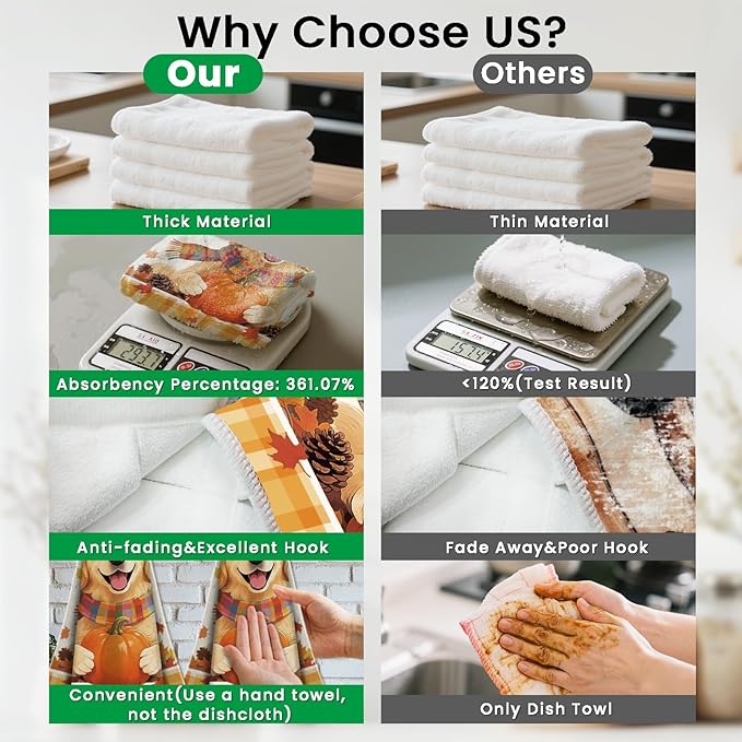CUTHOLLOW Dog and Autumn Pumpkin Hanging Kitchen Towels with Loop, Set of 2 - Soft & Super Absorbent Microfiber Decorative Hanging Dish & Hand Towel, Tea, Coffee Towel for Kitchen Bathroom Oven Handle