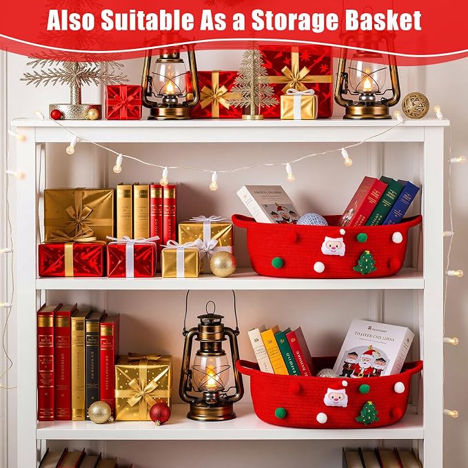 FoldTier 6 Pack Christmas Gift Basket Empty 15 x 9.9 x 5.1 Inch Santa Red Christmas Storage Bin with Handles, Woven Cotton Rope Basket for Gifts Holiday Treats Party Supplies, Home Xmas Decorations