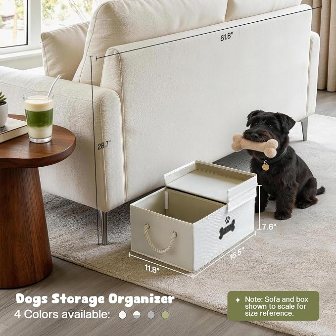 Dog Toy Basket with Double-Open Lid, Divided Dogs Basket for Toys, Collapsible Pet Toy Box, Dog Storage Organizer with 2 Divided Area, Puppy Toys Baskets with Rope Handles, Beige