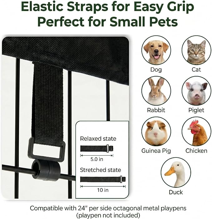 PJYuCien Octagonal Playpen Top Cover for 24" Side Metal Pet Pen, Black | Cozy Den for Puppy Small Animals, Half Mesh Half Oxford with Silver Coating, Predator & Weather Protection, Snap Hooks